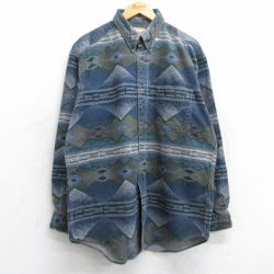 XL★古着 ウールリッチ WOOLRICH 長袖 フランネル シャツ メンズ 90年代 90s ネイティブ柄 ラグ柄 コットン ボタンダウン USA製 紺他 ネイビー 【spe】 25sep16 中古 トップス