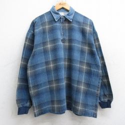 XL★古着 STRUCTURE 長袖 フランネル シャツ メンズ 90年代 90s 襟デニム コットン USA製 薄紺他 ネイビー チェック 25sep16 中古 トップス