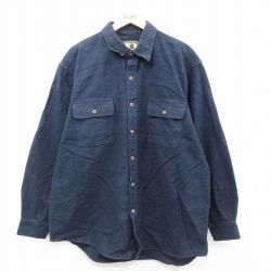 XL★古着 長袖 ヘビー フランネル シャツ メンズ 大きいサイズ ロング丈 コットン 紺 ネイビー 25sep24 中古 トップス