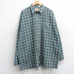 XL★古着 長袖 フランネル シャツ メンズ 90年代 90s 大きいサイズ ロング丈 コットン USA製 青緑系他 チェック 25sep25 中古 トップス
