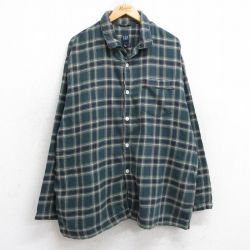 XL★古着 ギャップ GAP 長袖 パジャマ フランネル シャツ メンズ 00年代 00s 大きいサイズ ロング丈 コットン 開襟 オープンカラー 濃緑他 グリーン チェック 25sep25 中古 トップス