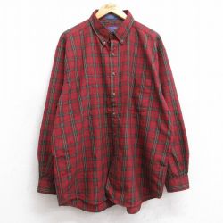 XL★古着 ペンドルトン PENDLETON 長袖 ウール シャツ メンズ 大きいサイズ ロング丈 ボタンダウン 赤他 レッド チェック 25sep26 中古 トップス