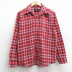 M★古着 JCペニー 長袖 フランネル シャツ メンズ 80年代 80s 開襟 オープンカラー 赤他 レッド チェック 25sep26 中古 トップス