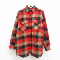 【20%OFF】M★古着 長袖 ウール シャツ メンズ 70年代 70s 赤 レッド チェック 25sep30 中古 トップス