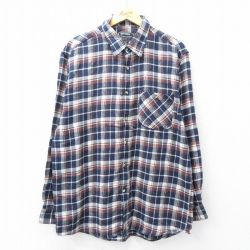 XL★古着 長袖 フランネル シャツ メンズ ロング丈 コットン 濃紺他 ネイビー チェック 25oct02 中古 トップス