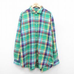 XL★古着 ラルフローレン Ralph Lauren 長袖 ブランド フランネル シャツ メンズ 大きいサイズ ロング丈 コットン 緑他 グリーン チェック 25oct02 中古 トップス