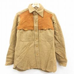 M★古着 ウールリッチ WOOLRICH 長袖 ウエスタン ウール シャツ メンズ 80年代 80s スエード使用 ヒジ当てスエード ベージュ カーキ 25oct03 中古 トップス