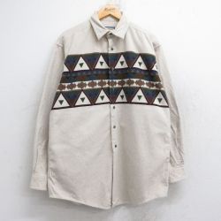 XL★古着 長袖 ヘビー フランネル シャツ メンズ 90年代 90s ネイティブ柄 ラグ柄 ロング丈 コットン USA製 薄ベージュ カーキ 25oct03 中古 トップス