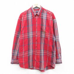 XL★古着 ラルフローレン Ralph Lauren チャップス 長袖 ブランド フランネル シャツ メンズ 90年代 90s ワンポイントロゴ ロング丈 コットン ボタンダウン 赤他 レッド チェック 25oct08 中古 トップス