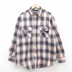 L★古着 長袖 フランネル シャツ メンズ 90年代 90s ロング丈 コットン ベージュ他 カーキ チェック 内側キルティング 25oct18 中古 トップス