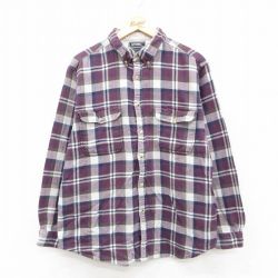L★古着 長袖 フランネル シャツ メンズ コットン ボタンダウン 紫他 パープル チェック 25oct18 中古 トップス