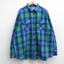 XL★古着 長袖 ヘビー フランネル シャツ メンズ 90年代 90s 大きいサイズ ロング丈 コットン 青他 ブルー チェック 25oct18 中古 トップス