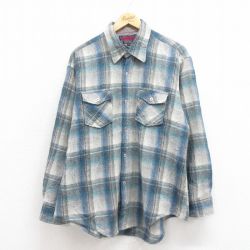 XL★古着 長袖 ウール シャツ メンズ 80年代 80s 青他 ブルー チェック 25oct20 中古 トップス