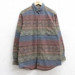 M★古着 ウールリッチ WOOLRICH 長袖 ヘビー フランネル シャツ メンズ ネイティブ柄 ラグ柄 ロング丈 ボタンダウン 濃緑他 グリーン 【spe】 25oct20 中古 トップス