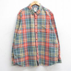XL★古着 エルエルビーン LLBEAN 長袖 フランネル シャツ メンズ 00年代 00s 大きいサイズ ロング丈 コットン ボタンダウン オレンジ他 チェック 25oct20 中古 トップス