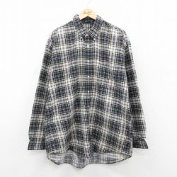 XL★古着 長袖 フランネル シャツ メンズ 00年代 00s ワンポイントロゴ 大きいサイズ ロング丈 コットン ボタンダウン 紺他 ネイビー チェック 25oct25 中古 トップス