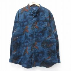 XL★古着 長袖 ヘビー フランネル シャツ メンズ 鳥 大きいサイズ ロング丈 コットン ボタンダウン 紺他 ネイビー 25oct27 中古 トップス