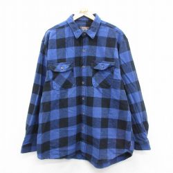 XL★古着 長袖 ヘビー フランネル シャツ メンズ コットン 紺他 ネイビー バッファロー チェック 25oct29 中古 トップス