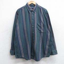 XL★古着 バンヒューセン 長袖 フランネル シャツ メンズ 90年代 90s コットン ボタンダウン 緑他 ストライプ 25nov13