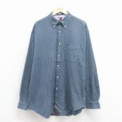 XL★古着 トミーヒルフィガー 長袖 ブランド フランネル シャツ メンズ 90年代 90s ワンポイントロゴ ロング丈 コットン ボタンダウン 紺他 チェック 25nov18