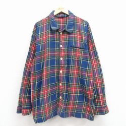 XL★古着 ランズエンド 長袖 フランネル パジャマ シャツ メンズ 大きいサイズ コットン 紺 チェック 25nov22