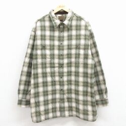 XL★古着 長袖 ヘビー フランネル シャツ メンズ 大きいサイズ ロング丈 コットン 緑 チェック 25nov22