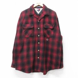 XL★古着 トミーヒルフィガー 長袖 ブランド ウール シャツ メンズ 90年代 90s ワンポイントロゴ 大きいサイズ ロング丈 開襟 オープンカラー エンジ他 オンブレ チェック【spe】 25nov27