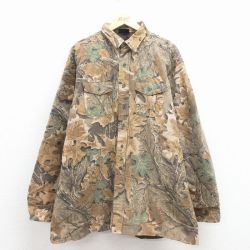 XL★古着 カベラス 長袖 フランネル シャツ メンズ 木葉 大きいサイズ ロング丈 茶 迷彩 内側キルティング 25dec08