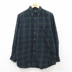 L★古着 長袖 フランネル シャツ メンズ 90年代 90s コットン ボタンダウン 緑他 タータン チェック ブラックウォッチ 25dec13