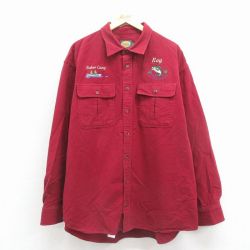 カベラス 00s 長袖フランネルシャツ 魚 バーガンディ XL | 古着