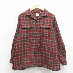 L★古着 ギャップ GAP 長袖 ウール シャツ レディース 00年代 00s 開襟 オープンカラー こげ茶 チェック 26jan07