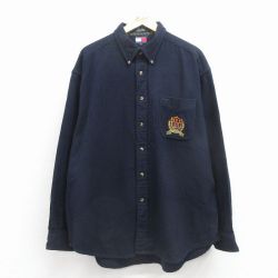 XL★古着 トミーヒルフィガー 長袖 ブランド ウール シャツ メンズ 90年代 90s ワンポイントロゴ 大きいサイズ ロング丈 ボタンダウン 濃紺 26jan08