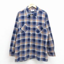 XL★古着 長袖 フランネル シャツ メンズ 80年代 80s 大きいサイズ 濃紺他 チェック 26jan08