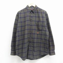 XL★古着 トミーヒルフィガー 長袖 ブランド フランネル シャツ メンズ 90年代 90s ワンポイントロゴ コットン ボタンダウン 緑他 チェック 26jan08