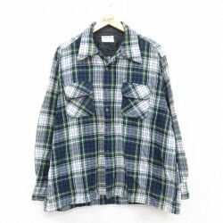 XL★古着 JCペニー 長袖 ビンテージ ウール シャツ メンズ 70年代 70s 大きいサイズ 開襟 オープンカラー 緑他 チェック【spe】 26jan09