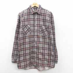 L★古着 長袖 フランネル シャツ メンズ 90年代 90s ロング丈 コットン USA製 濃紺他 チェック 26jan15