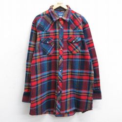 XL★古着 ラングラー 長袖 ウエスタン フランネル シャツ メンズ 大きいサイズ ロング丈 コットン 赤他 チェック 26jan20