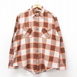 XL★古着 長袖 フランネル シャツ メンズ 80年代 80s コットン 濃ベージュ チェック 26feb04
