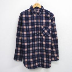 L★古着 ベーシックエディションズ 長袖 フランネル シャツ メンズ 90年代 90s ロング丈 ボタンダウン 紺 チェック 26feb04