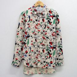 XL★古着 長袖 フランネル シャツ メンズ 90年代 90s 総柄 大きいサイズ コットン USA製 生成り他 26feb04