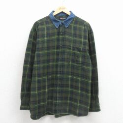 XL★古着 FADED GLORY 長袖 フランネル シャツ メンズ 襟デニム ボタンダウン コットン 緑他 チェック【spe】 26feb10