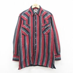 L★古着 ELY 長袖 ウエスタン フランネル シャツ メンズ 90年代 90s ロング丈 エンジ他 ストライプ 内側キルティング 26feb12