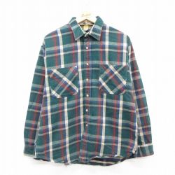XL★古着 セントジョンズベイ 長袖 ヘビー フランネル シャツ メンズ 90年代 90s コットン USA製 緑他 チェック 26feb17