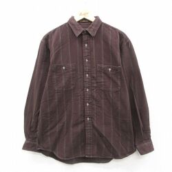 L★古着 エディーバウアー 長袖 ヘビー フランネル シャツ メンズ 90年代 90s コットン こげ茶他 ストライプ【spe】 26feb21