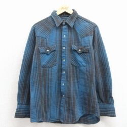 L★古着 キー 長袖 ウエスタン フランネル シャツ メンズ 90年代 90s コットン USA製 青 チェック【spe】 26mar03