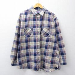 XL★古着 長袖 フランネル シャツ メンズ 90年代 90s 大きいサイズ コットン USA製 紺他 チェック 26mar14