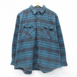 XL★古着 ダコタ 長袖 ヘビー フランネル シャツ メンズ 大きいサイズ コットン 青緑他 チェック 26mar19