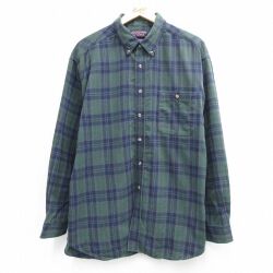 XL★古着 長袖 フランネル シャツ メンズ 大きいサイズ ロング丈 コットン ボタンダウン 緑他 チェック 26apr30