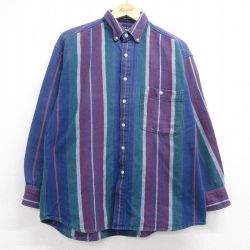 XL★古着 GANT 長袖 ヘビー フランネル シャツ メンズ 90年代 90s コットン ボタンダウン ネイビー ストライプ 26jun16