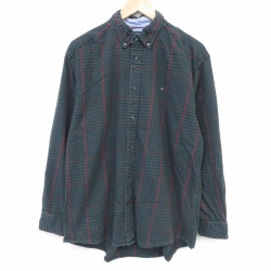 L★古着 トミーヒルフィガー 長袖 ブランド フランネル シャツ メンズ ワンポイントロゴ 濃緑他 チェック 26apr03
